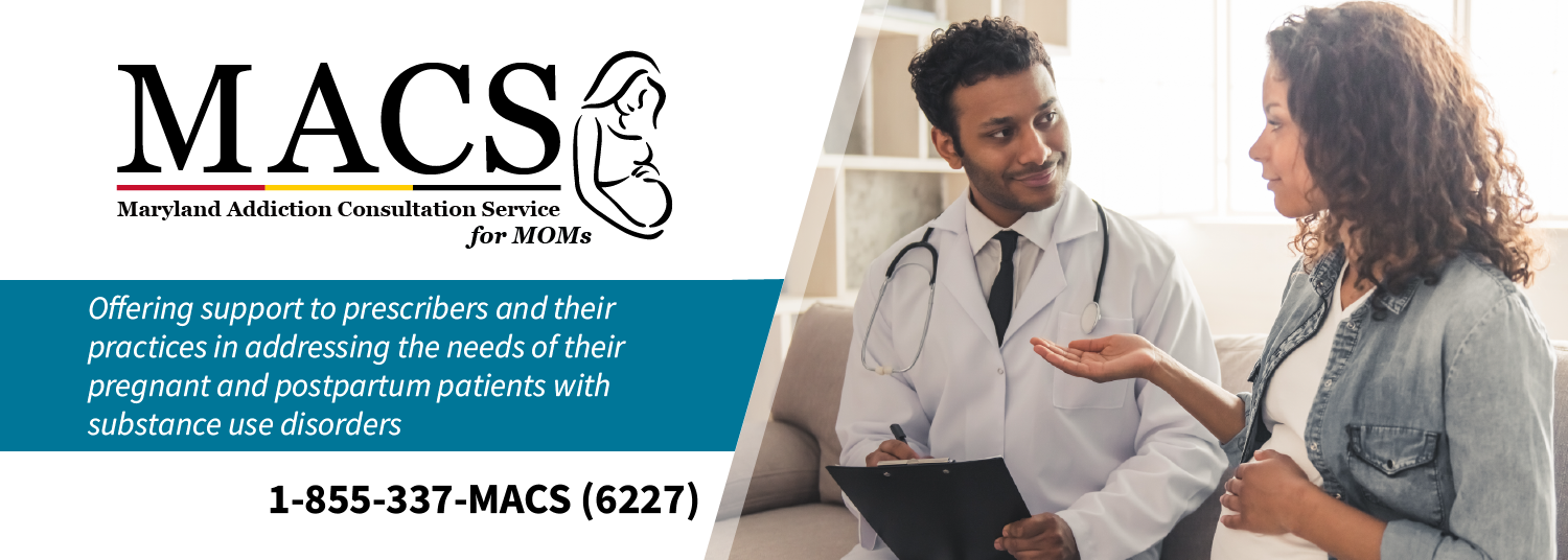 MACS for MOMs logo with pregnant person, program description, and a photo of a physician talking to a patient on a couch